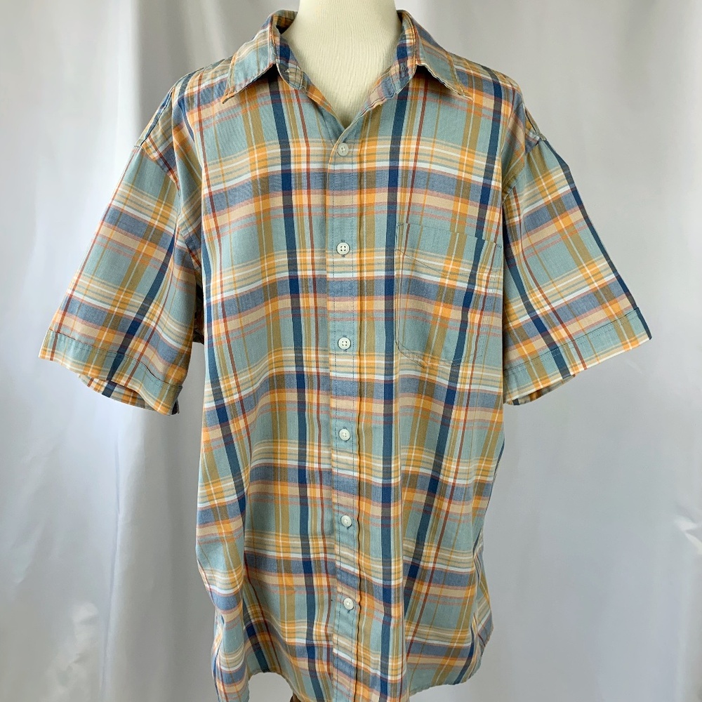 Arrow Blue Jeans Co. Blue & Orange Plaid Short Sleeve Button Down Shirt Size L